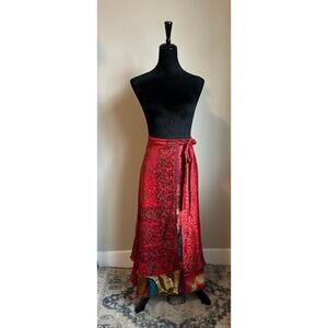 TREE OF LIFE Women's Cut Red Silk Embellished Floral Layered Wrap Skirt Size M/L